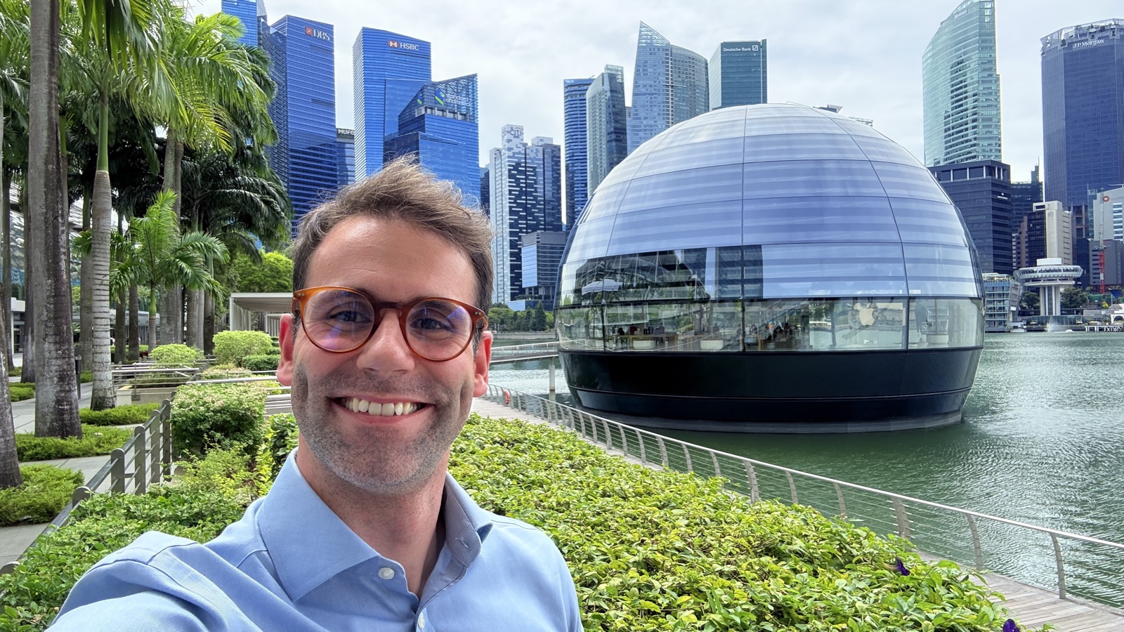 Thibault in Singapore, Marina Bay skyline behind him